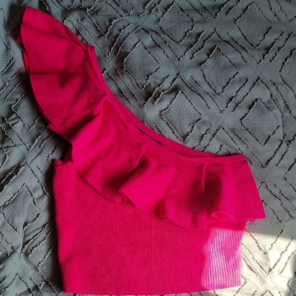 Express Pink Asymmetrical Ruffled Crop Top